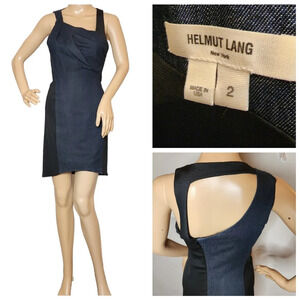 Helmut Lang blue denim black ponte sleeveless cutout mini dress size 2